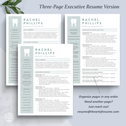The Art of Resume Templates | Three-Page Dentist, Hygienist, Dental Student, Assistant Executive CEO C-Suite Level  Resume CV Template Format | Curriculum Vitae