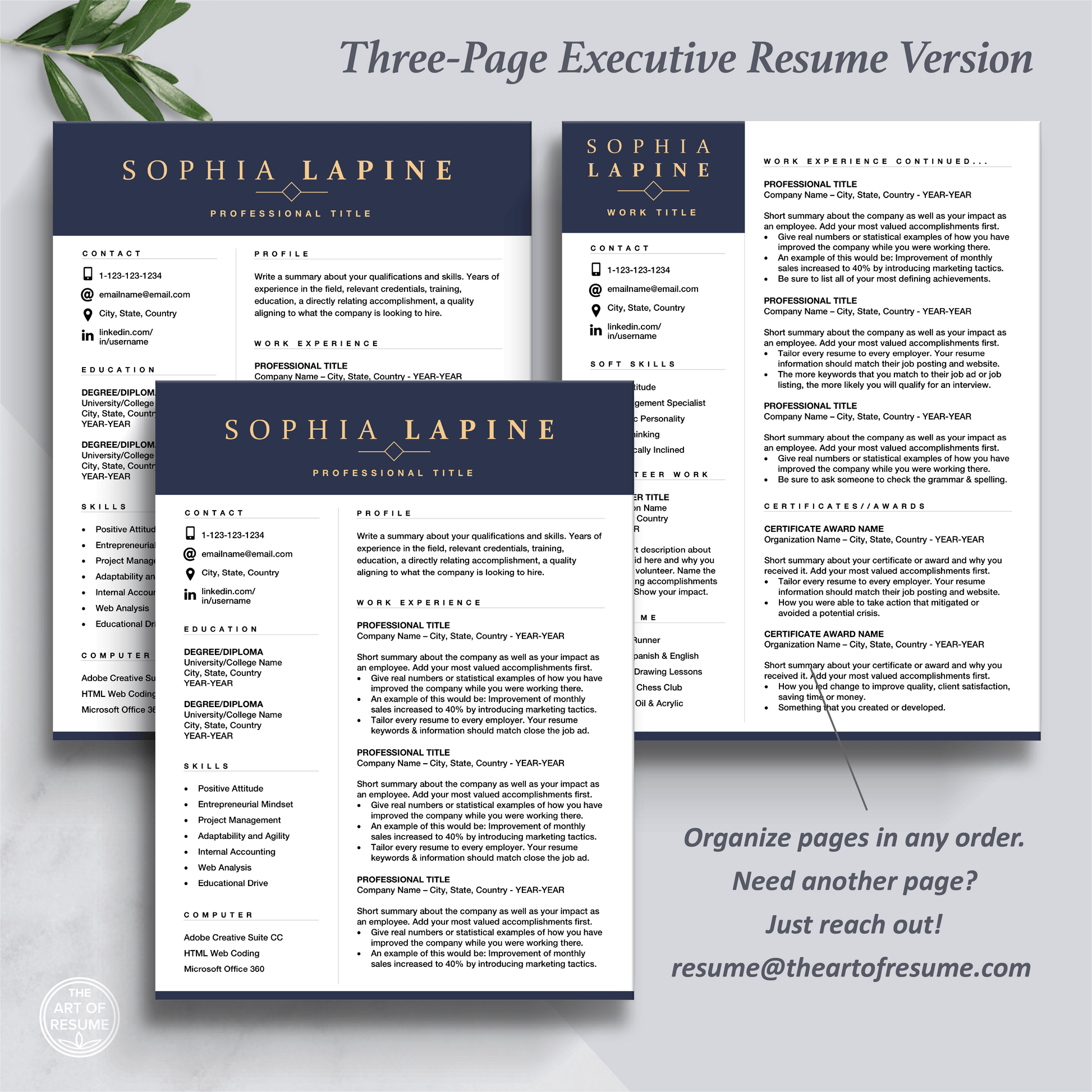 The Art of Resume Templates | Three-Page Professional Navy BlueExecutive CEO C-Suite Level  Resume CV Template Format | Curriculum Vitae