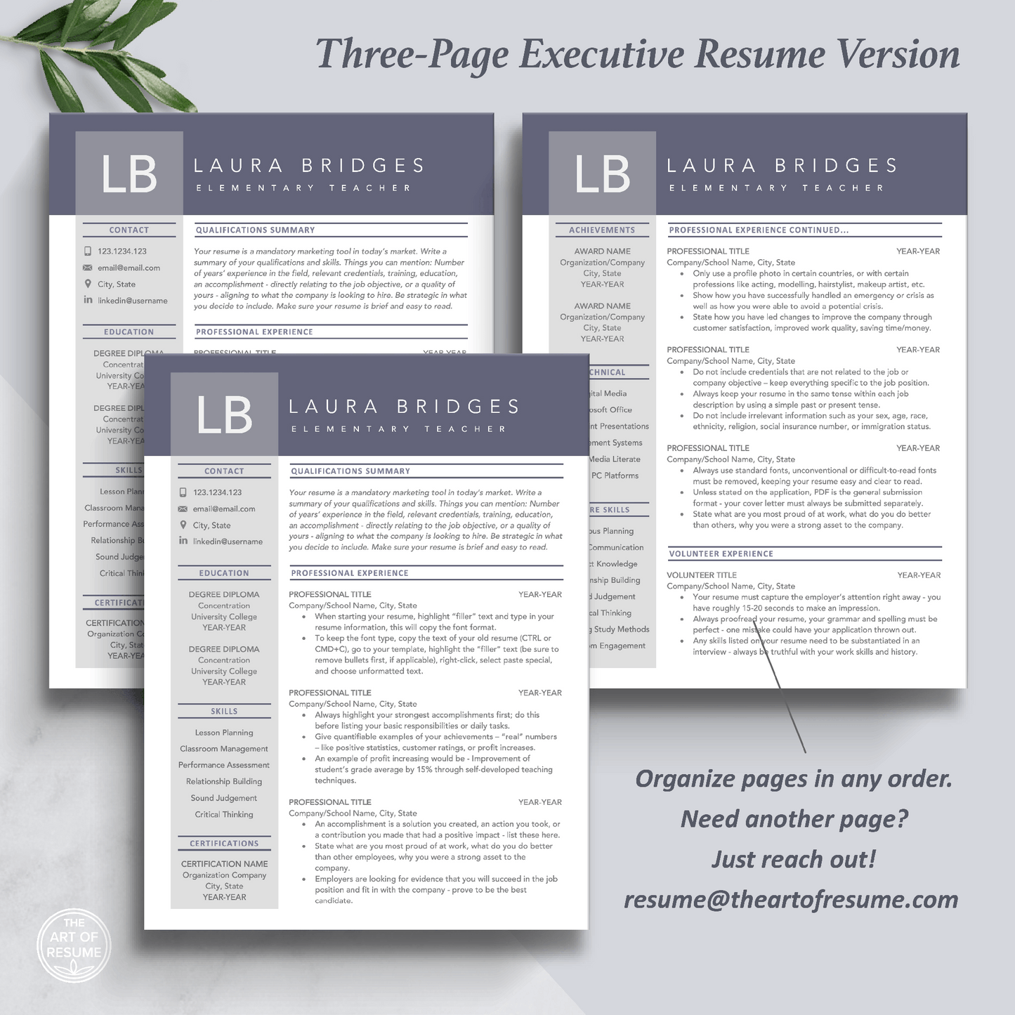 The Art of Resume Templates | Three-Page Professional Purple Executive CEO C-Suite Level  Resume CV Template Format | Curriculum Vitae