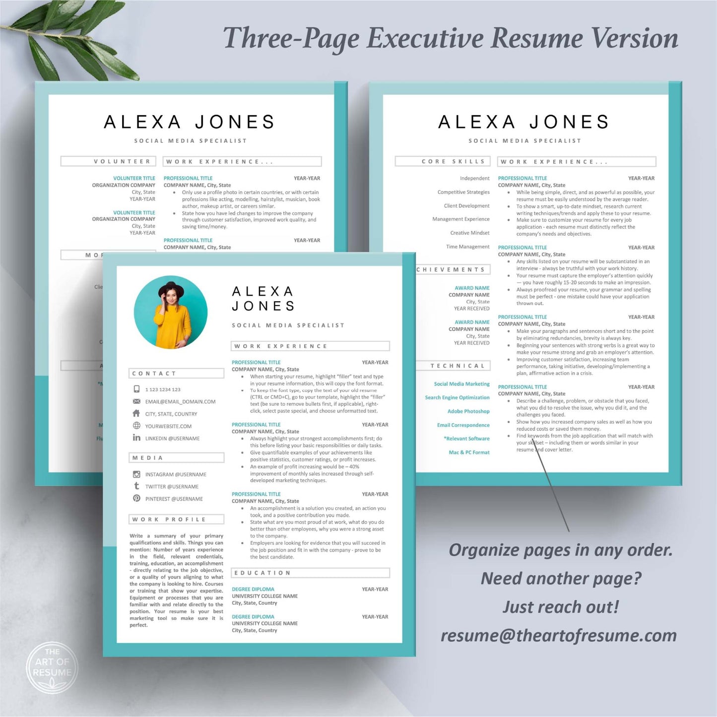 The Art of Resume Templates | Three-Page Executive CEO C-Suite Level Teal Blue Resume CV Design Template with Photo Picture | Curriculum Vitae