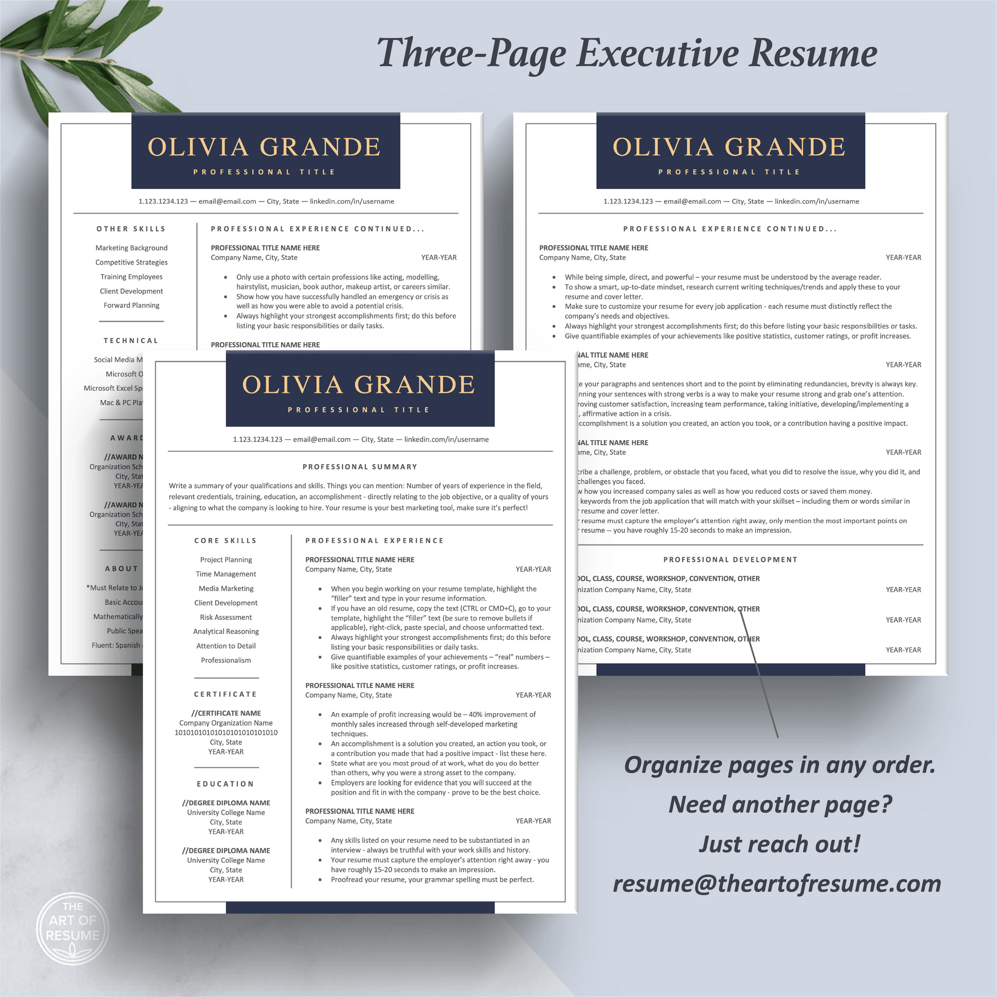 The Art of Resume Templates | Three-Page Professional Navy Executive C-Suite Level  Resume CV Template Format | Curriculum Vitae
