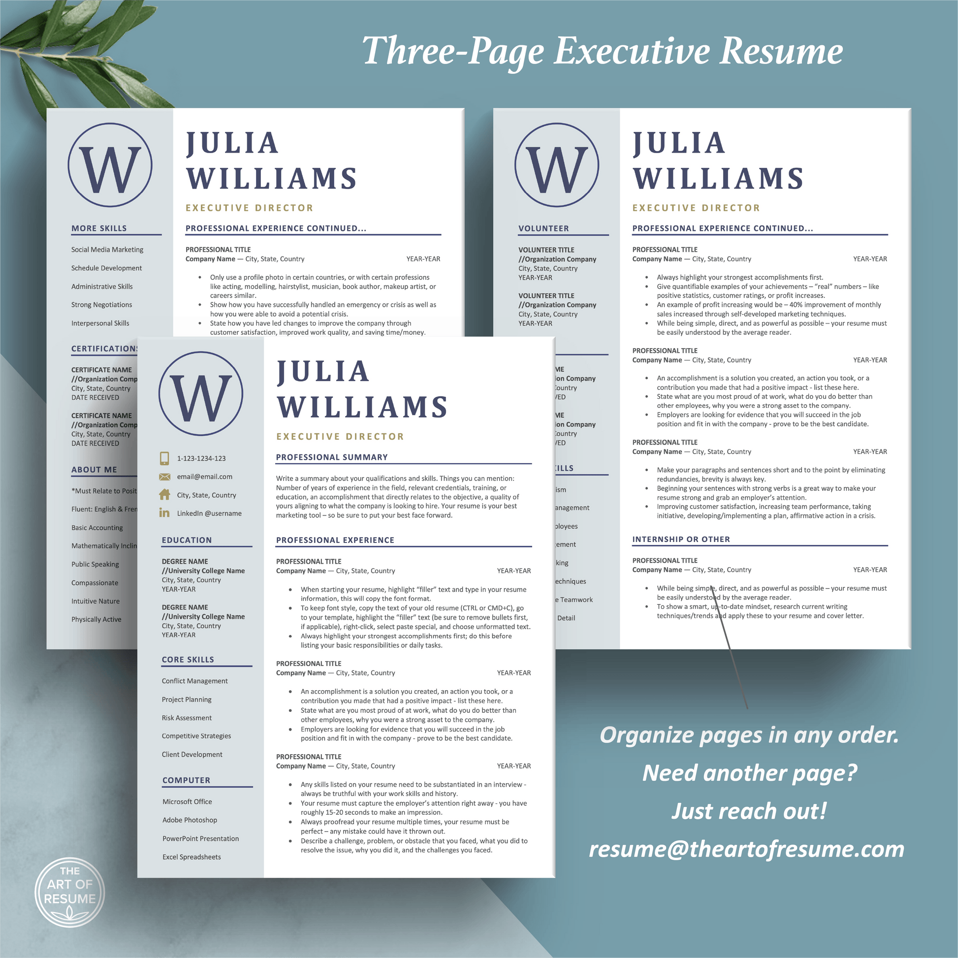The Art of Resume Templates | Three-Page Professional Blue Executive C-Suite Level  Resume CV Template Format | Curriculum Vitae