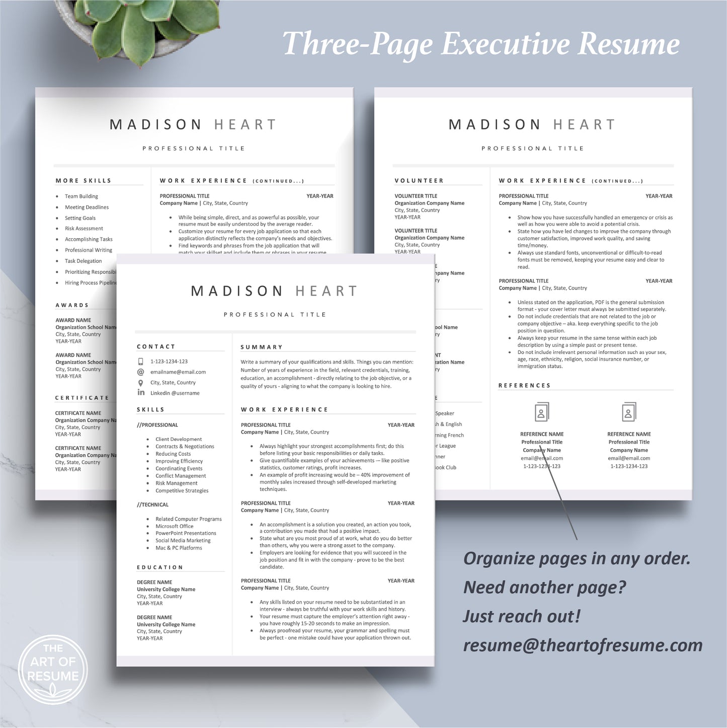 The Art of Resume Templates | Three-Page Executive C-Suite level Professional Modern Resume CV Template Format | Curriculum Vitae