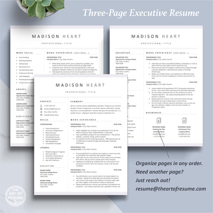 The Art of Resume Templates | Three-Page Executive C-Suite level Professional Modern Resume CV Template Format | Curriculum Vitae