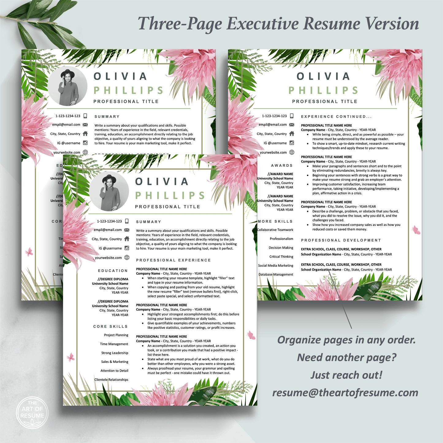 The Art of Resume Templates | Three-Page Executive Creative Pink Floral  Resume CV Template Format | Curriculum Vitae