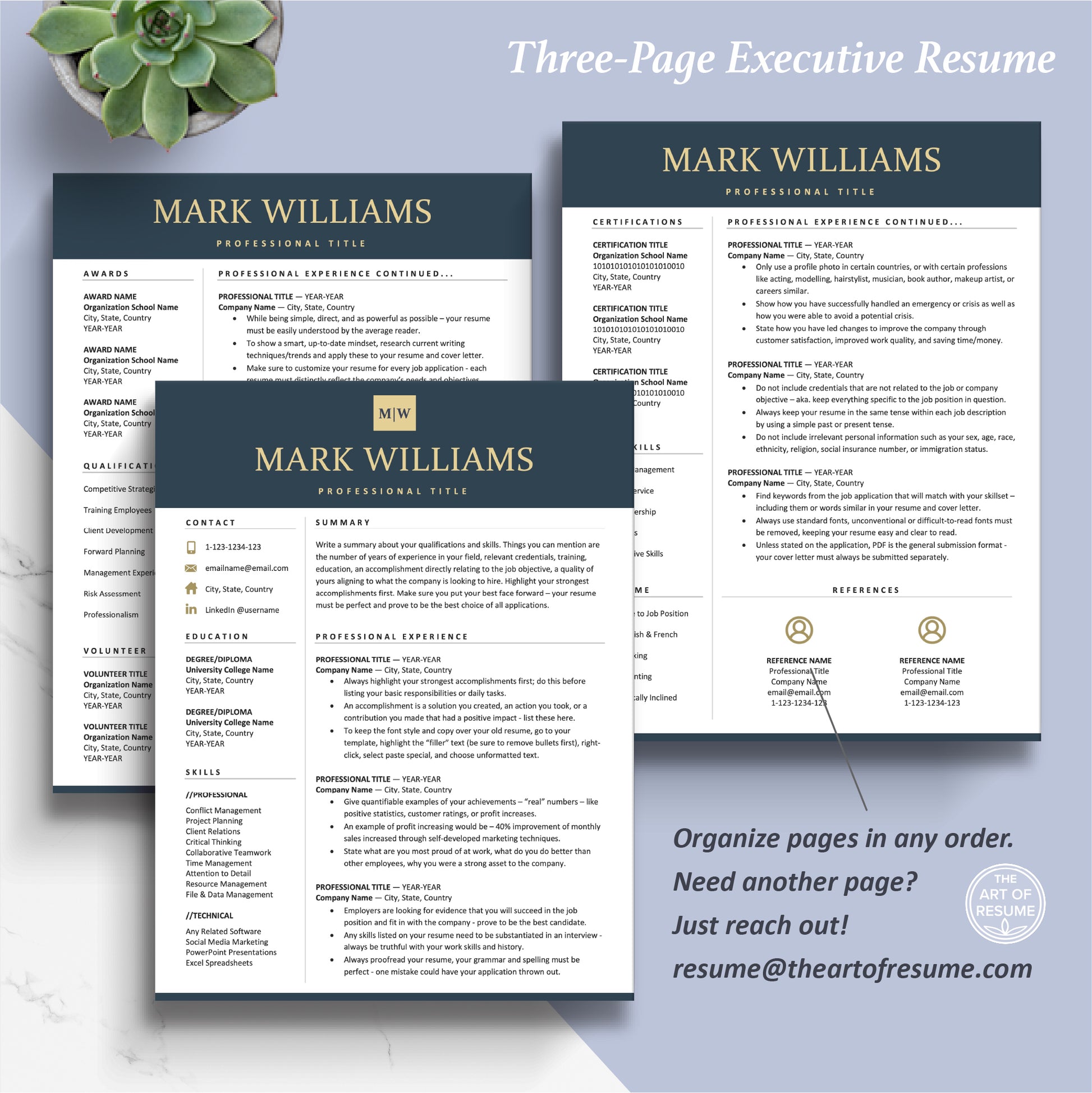 The Art of Resume Templates | Three-Page Executive C-Suite level Professional Modern Resume CV Template Format | Curriculum Vitae