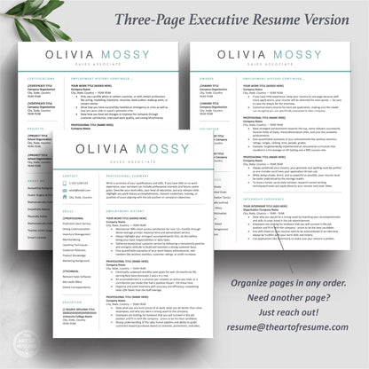The Art of Resume | Teal Blue Resume Template Design Bundle Download | 3 Page Format
