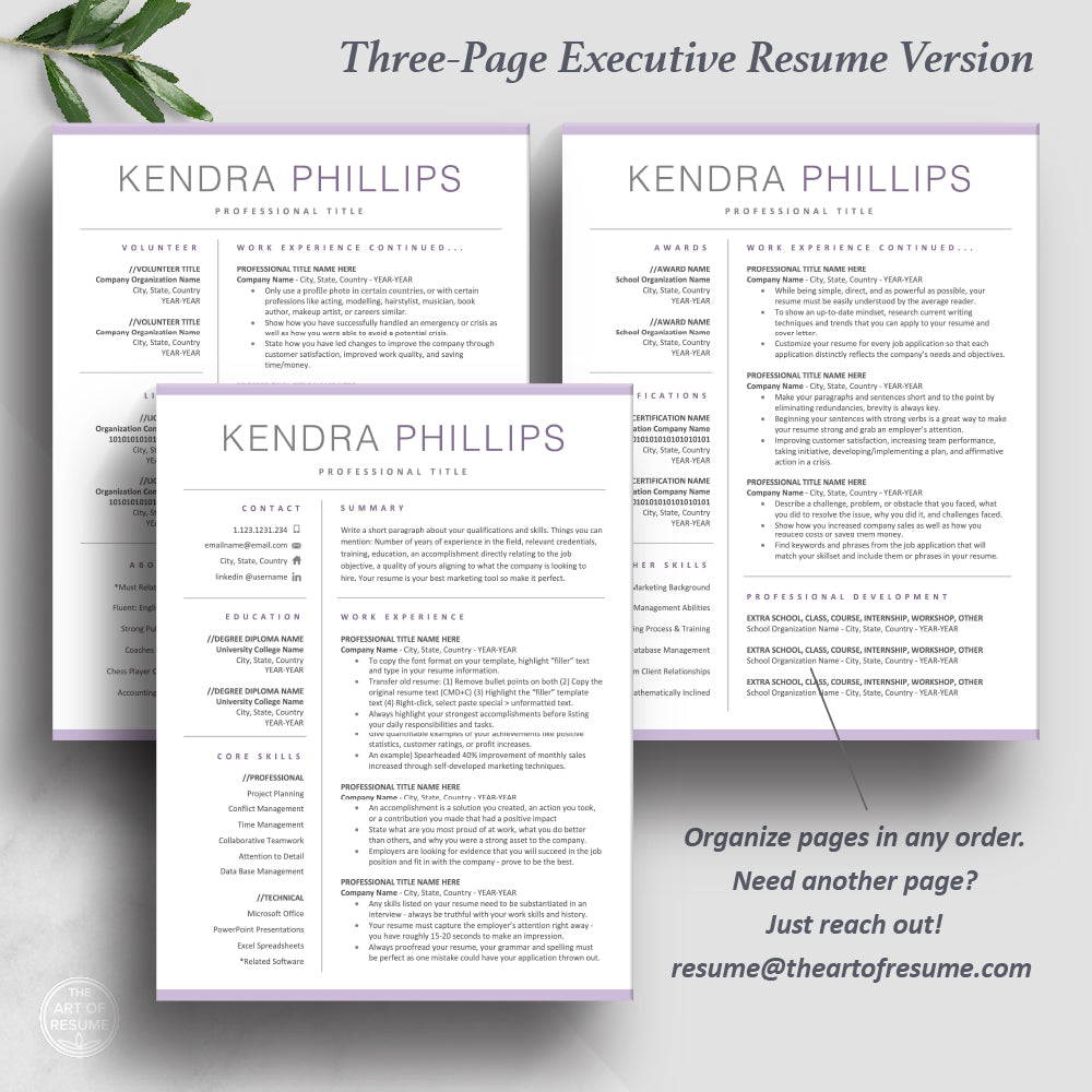 The Art of Resume | Pink Purple Professional Resume Template Design Bundle 3 Page Format