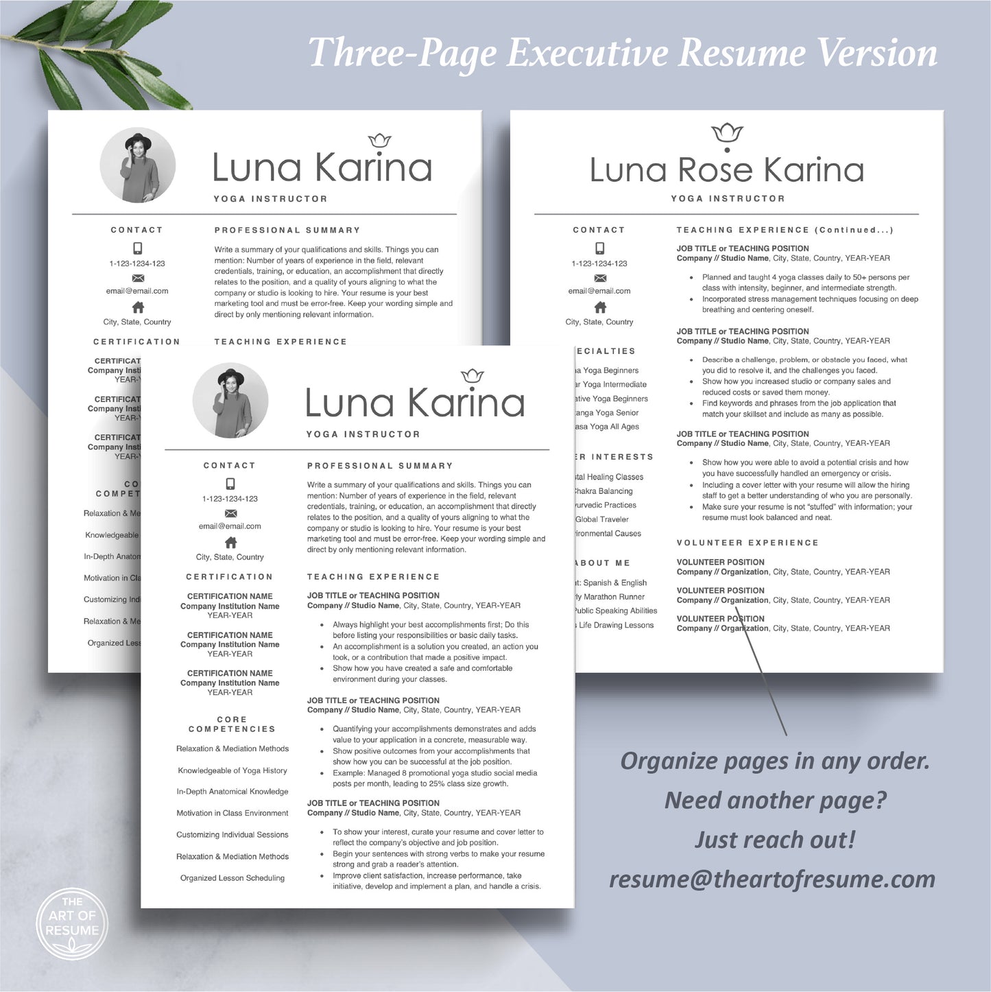 The Art of Resume Templates | Three-Page Yoga Teacher Resume CV Template Format | Curriculum Vitae