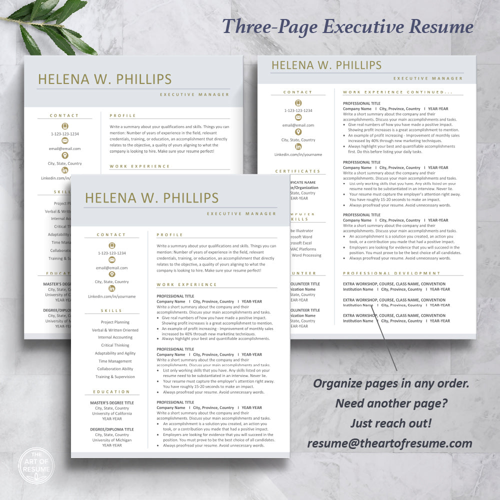 The Art of Resume Templates | Three-Page Professional Simple Blue Executive CEO C-Suite Level Resume CV Template Format | Curriculum Vitae