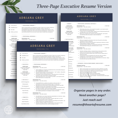  The Art of Resume Templates | Three-Page Executive CEO C-Suite Level Navy Blue  Resume CV Design Template Builder Maker | Curriculum Vitae
