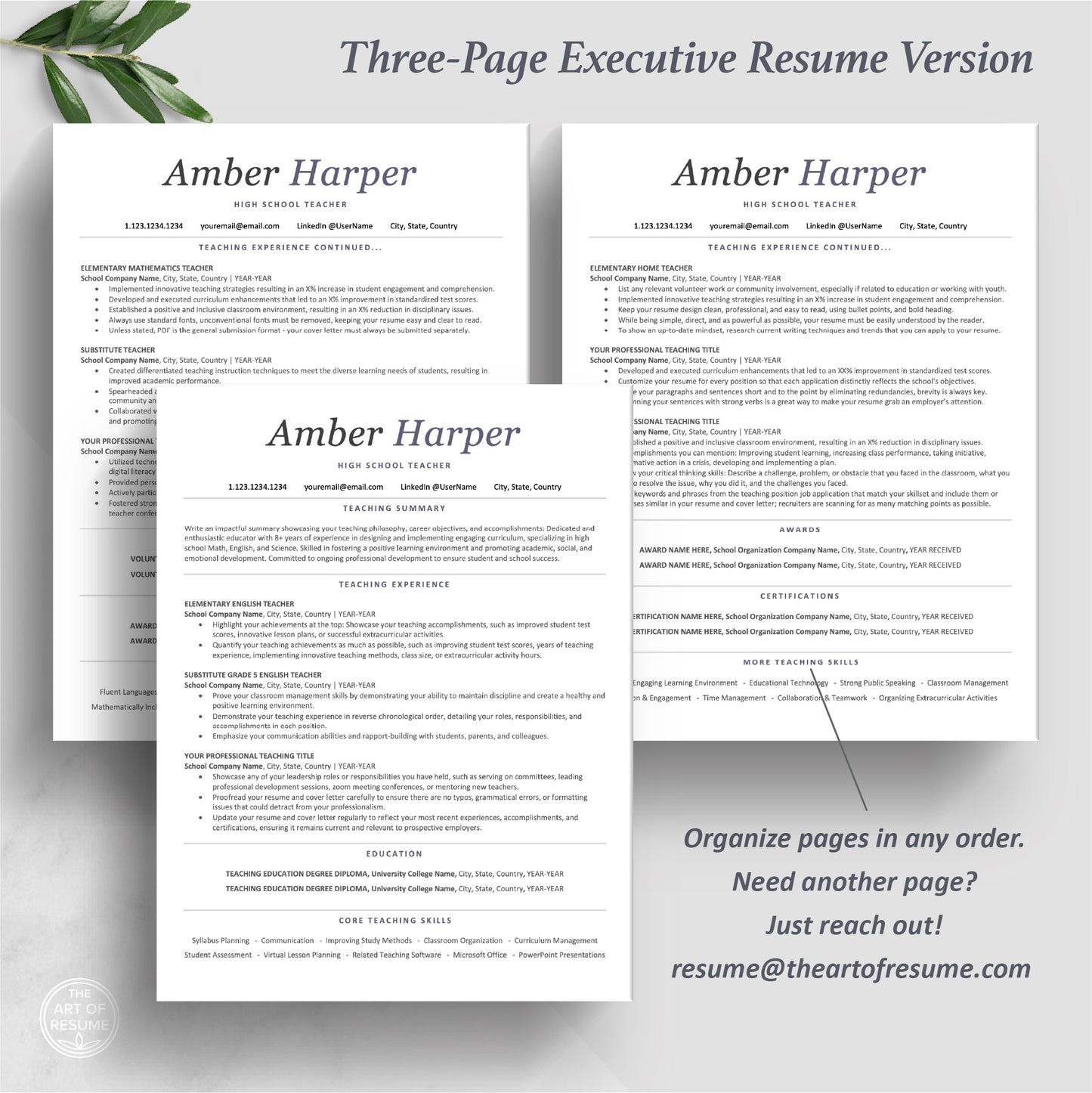 The Art of Resume Templates | Three-Page Executive C-Suite level ATS-Friendly Teacher Educator Resume CV Template Format | Curriculum Vitae