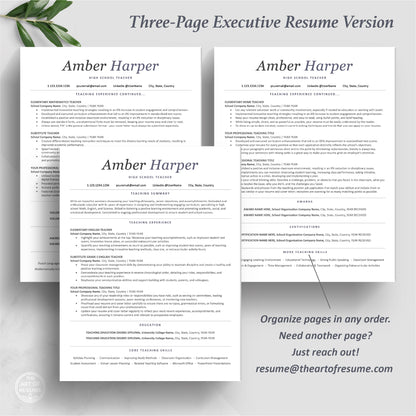 The Art of Resume Templates | Three-Page Executive C-Suite level ATS-Friendly Teacher Educator Resume CV Template Format | Curriculum Vitae