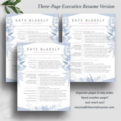 The Art of Resume | Blue Floral Resume Template Design | 3 Page Resume Format