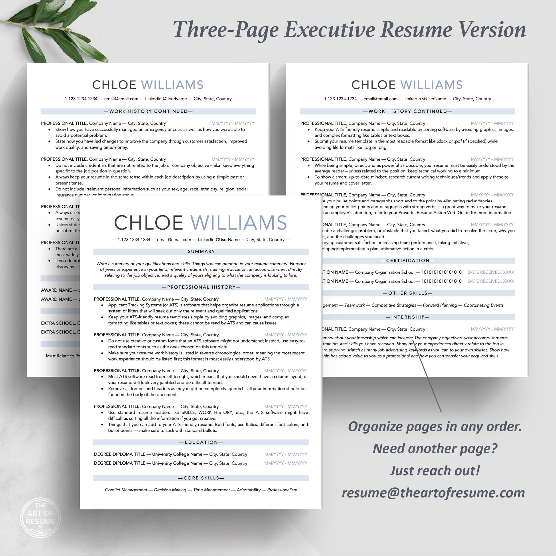 The Art of Resume Templates | Three-Page Executive C-Suite level ATS-Friendly Resume CV Template Format | Curriculum Vitae