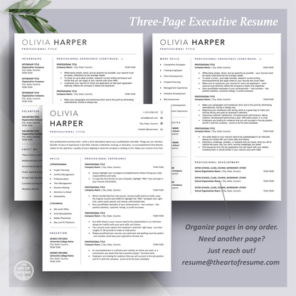 Executive Resume Template | Simple Professional CV Template | Free Cover Letter - The Art of Resume