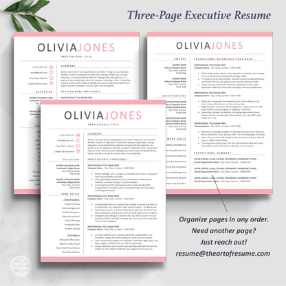 The Art of Resume Templates | Three-Page Executive Pink Resume CV Template Format | Curriculum Vitae