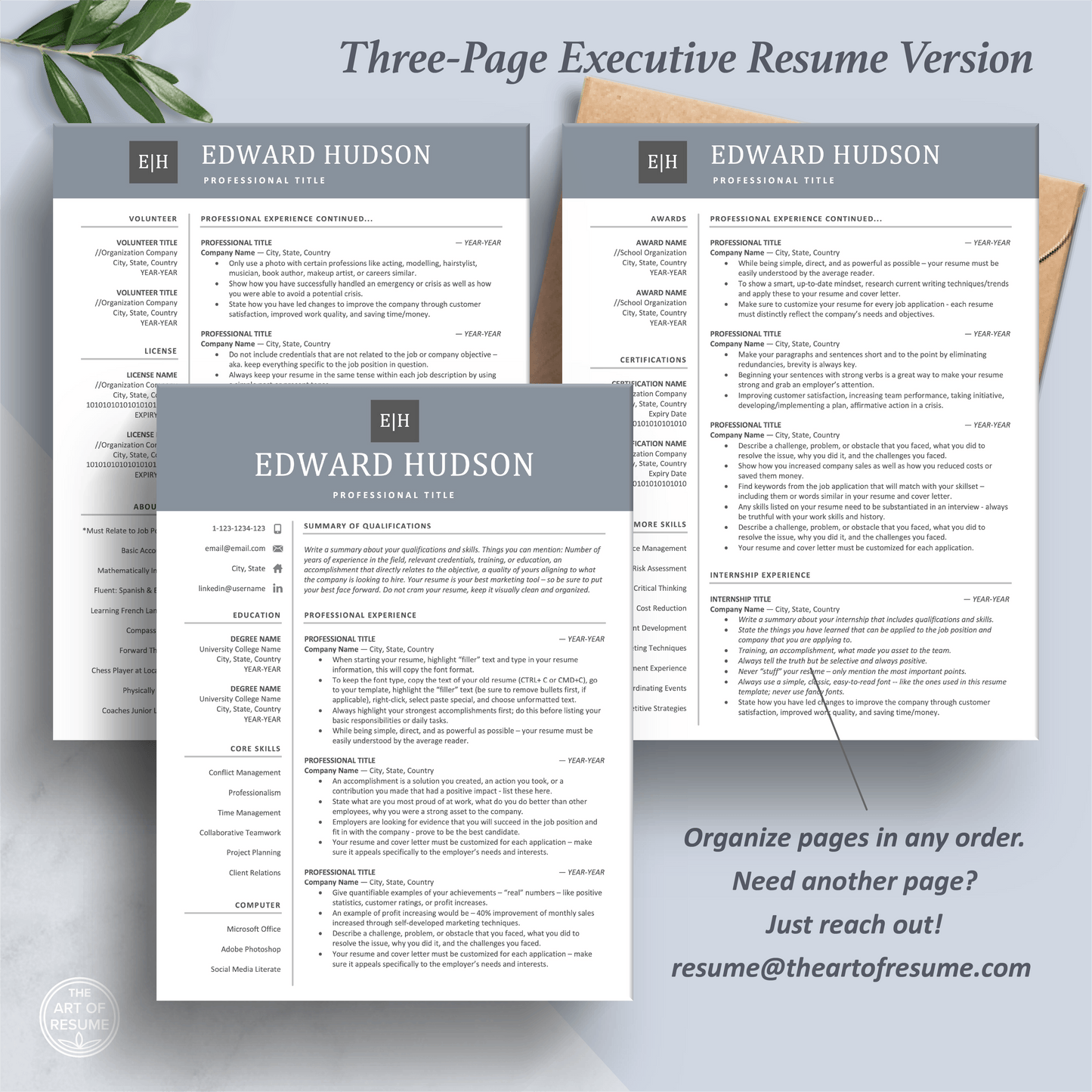 The Art of Resume Templates | Three-Page Executive CEO C-Suite Level Blue Grey Resume CV Template Format | Curriculum Vitae