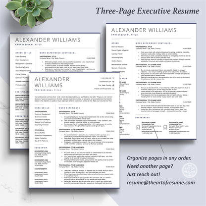 The Art of Resume Templates | Three-Page Executive C-Suite level Professional Modern Resume CV Template Format | Curriculum Vitae