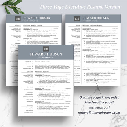 The Art of Resume Templates | Three-Page Executive C-Suite level Professional Modern Blue  Resume CV Template Format | Curriculum Vitae