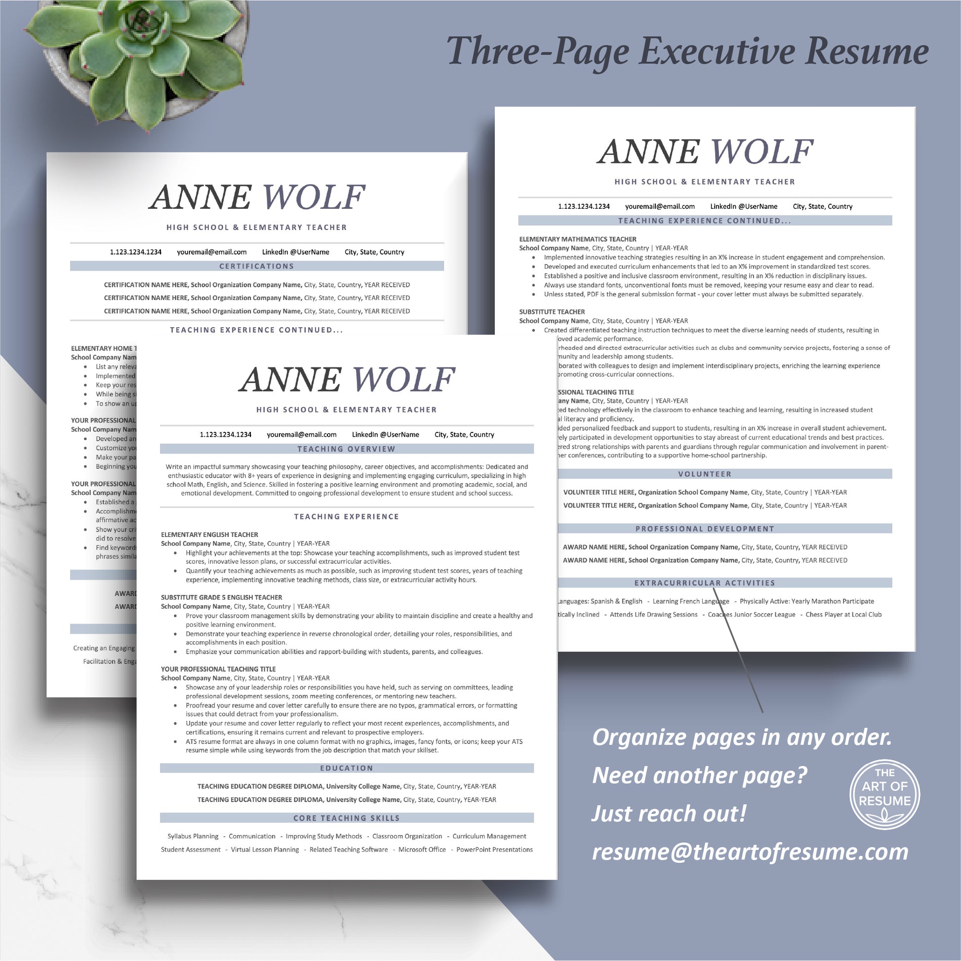 The Art of Resume Templates | Three-Page Executive C-Suite level Professional ATS friendly teacher Resume CV Template Format | Curriculum Vitae