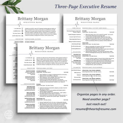 3 Page Executive Resume, The Art of Resume, Modern Medical Nurse  Doctor Resume CV Template for RN Nurse, Resident Student, Medical Assistant, Physician with Cover Letter, Reference Page, Social Media Icons