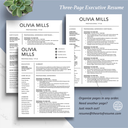 The Art of Resume Templates | Three-Page Executive C-Suite level Professional Simple Resume CV Template Format | Curriculum Vitae