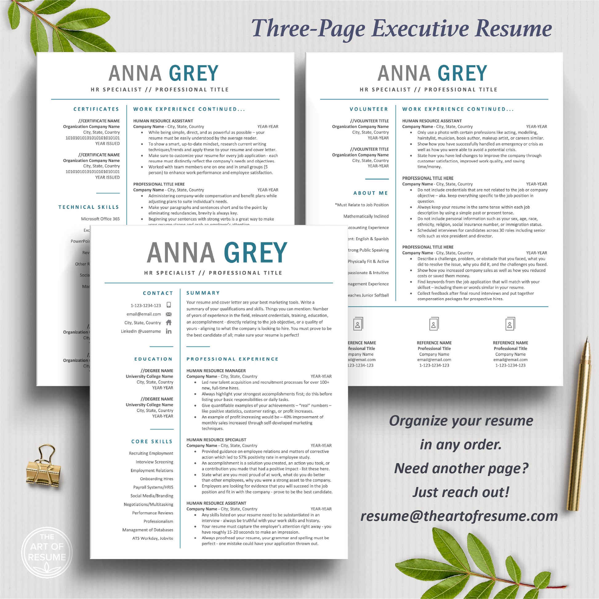 The Art of Resume Template Designs | 3 page executive blue and white resume template design format for office HR manager
