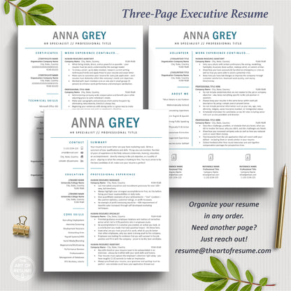 The Art of Resume Template Designs | 3 page executive blue and white resume template design format for office HR manager