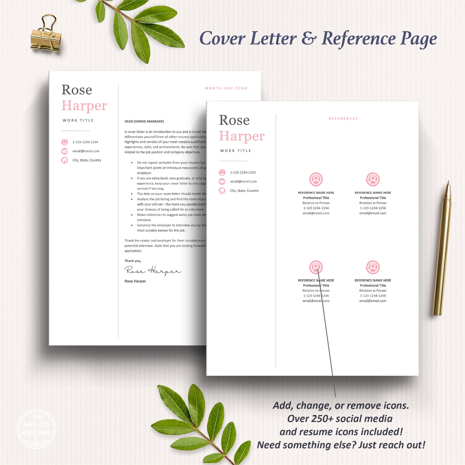 The Art of Resume Templates | Professional Pink Modern Cover Letter and Reference Page Templates Download
