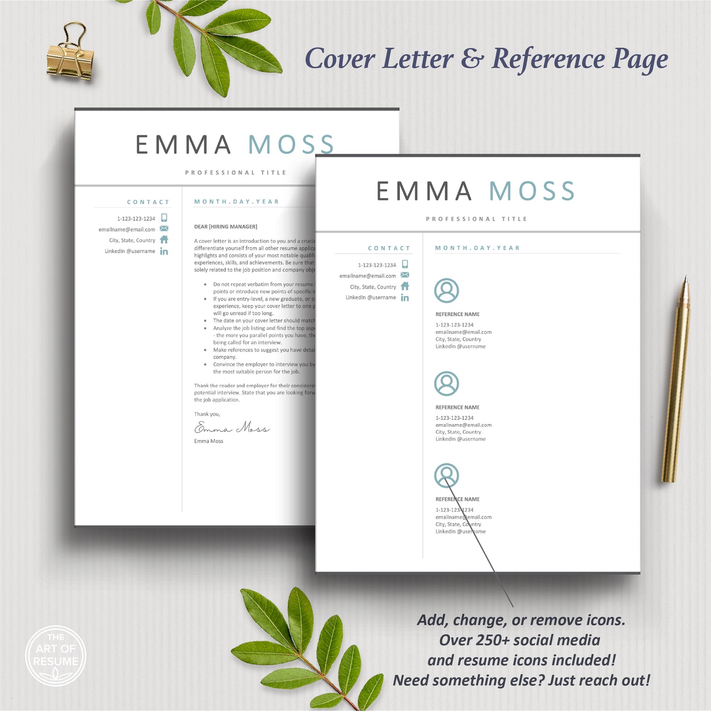 The Art of Resume Templates | Professional Teal Blue Cover Letter and Reference Page Templates Download
