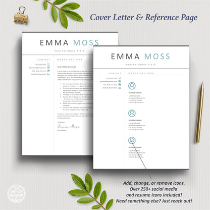 The Art of Resume Templates | Professional Teal Blue Cover Letter and Reference Page Templates Download
