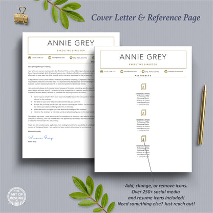 The Art of Resume Templates | Professional white and gold Cover Letter and Reference Page Templates Download