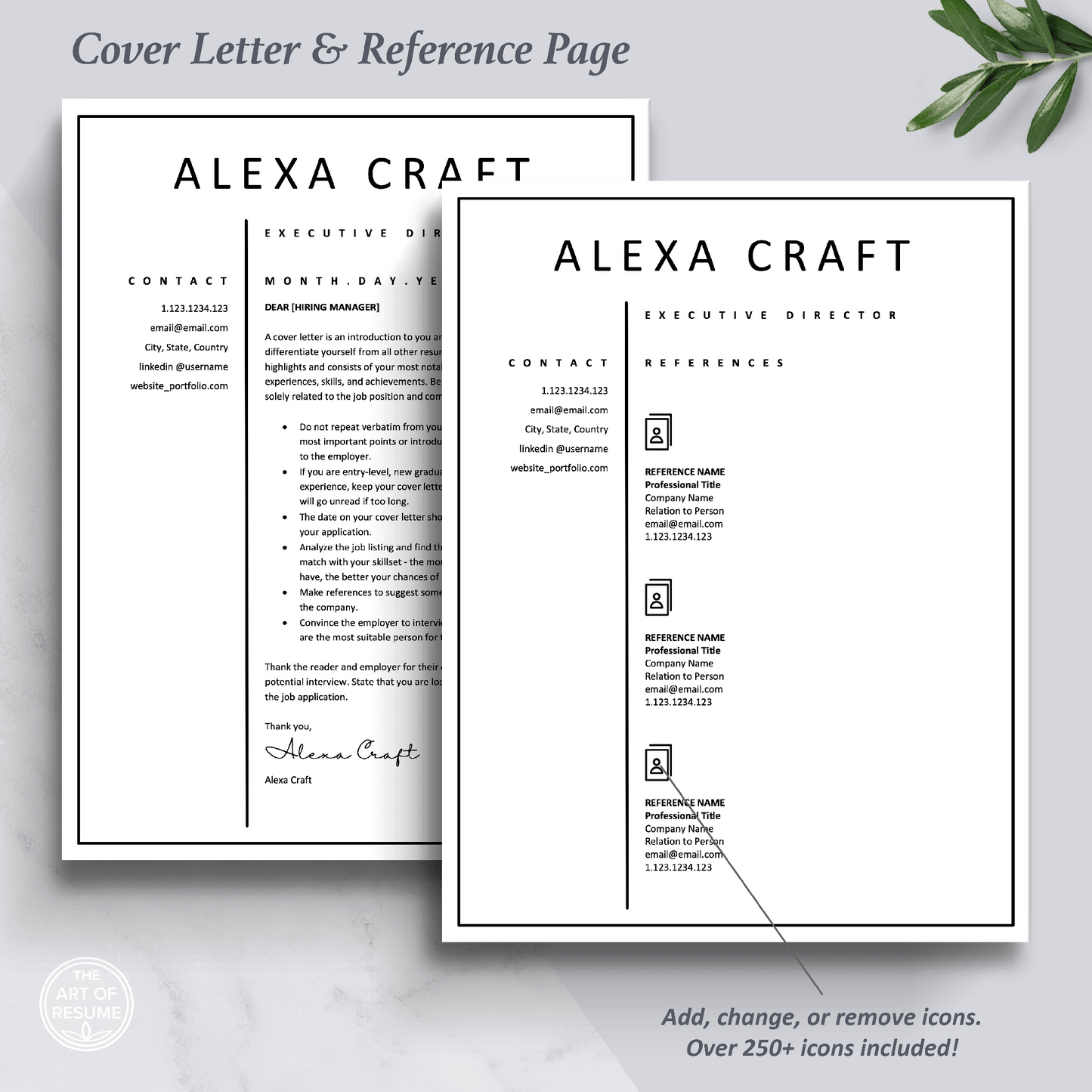Professional Cover Letter and Reference Page Design Template, Instant Download Bundle for Apple Pages and Microsoft Word, Mac and PC