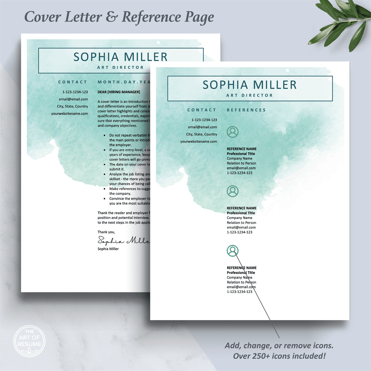 The Art of Resume Templates |  Creative Teal Blue Watercolor  Cover Letter and Reference Page Design Templates Instant Download