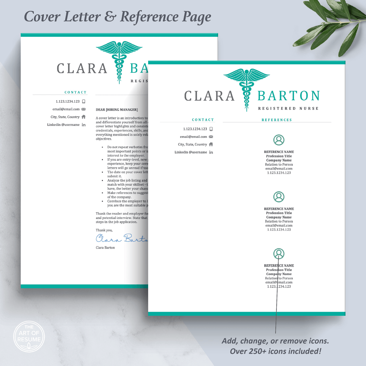 The Art of Resume Templates | Professional Nurse Doctor Medical Cover Letter and Reference Page Design Templates Instant Download