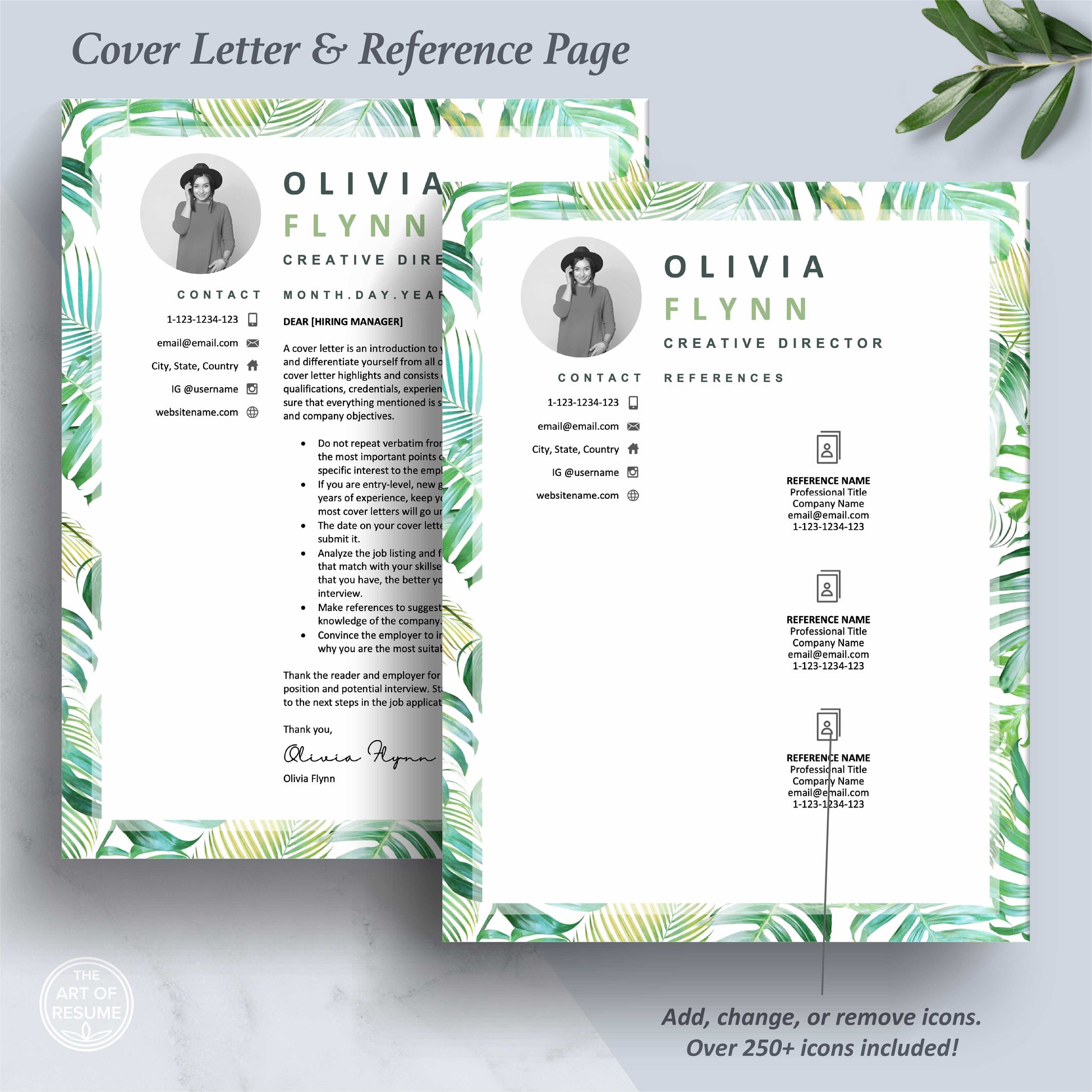 The Art of Resume Templates | Creative Tropical Green Cover Letter and Reference Page Design Templates Instant Download