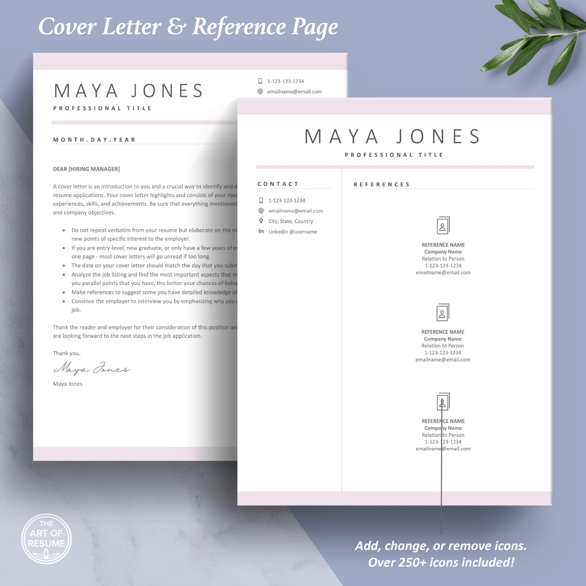 The Art of Resume Templates | Professional Pink Cover Letter and Reference Page Templates Download