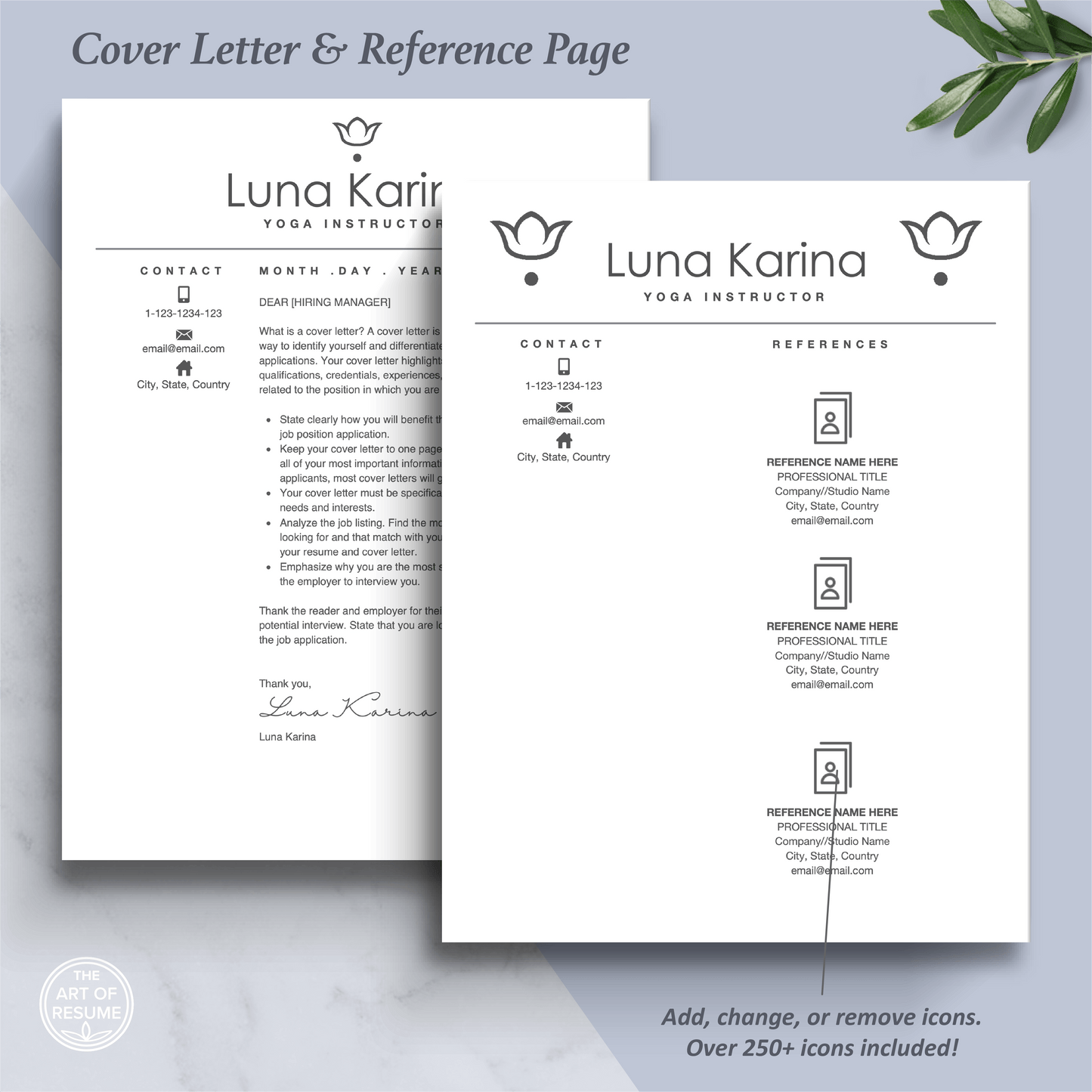 The Art of Resume Templates | Professional Professional Yoga, Fitness, Designer Letter and Reference Page Design Templates Instant Download