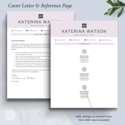 The Art of Resume Templates |  Professional  Rose Pink  Letter and Reference Page Design Templates Instant Download