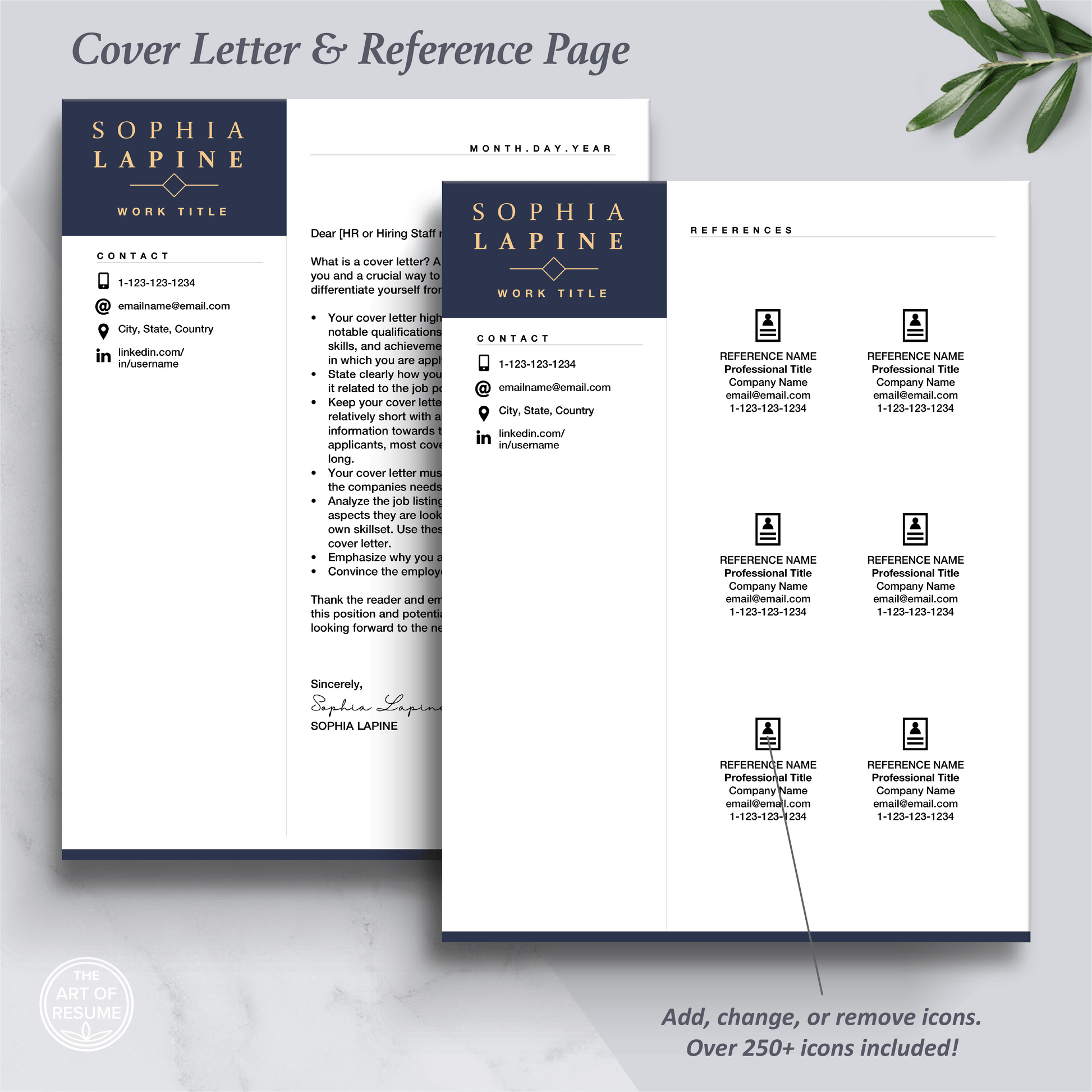 The Art of Resume Templates | Professional Navy Blue Cover Letter and Reference Page Design Templates Instant Download