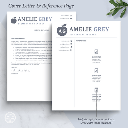The Art of Resume Templates |  Creative Teacher Blue Grey Cover Letter and Reference Page Design Templates Instant Download