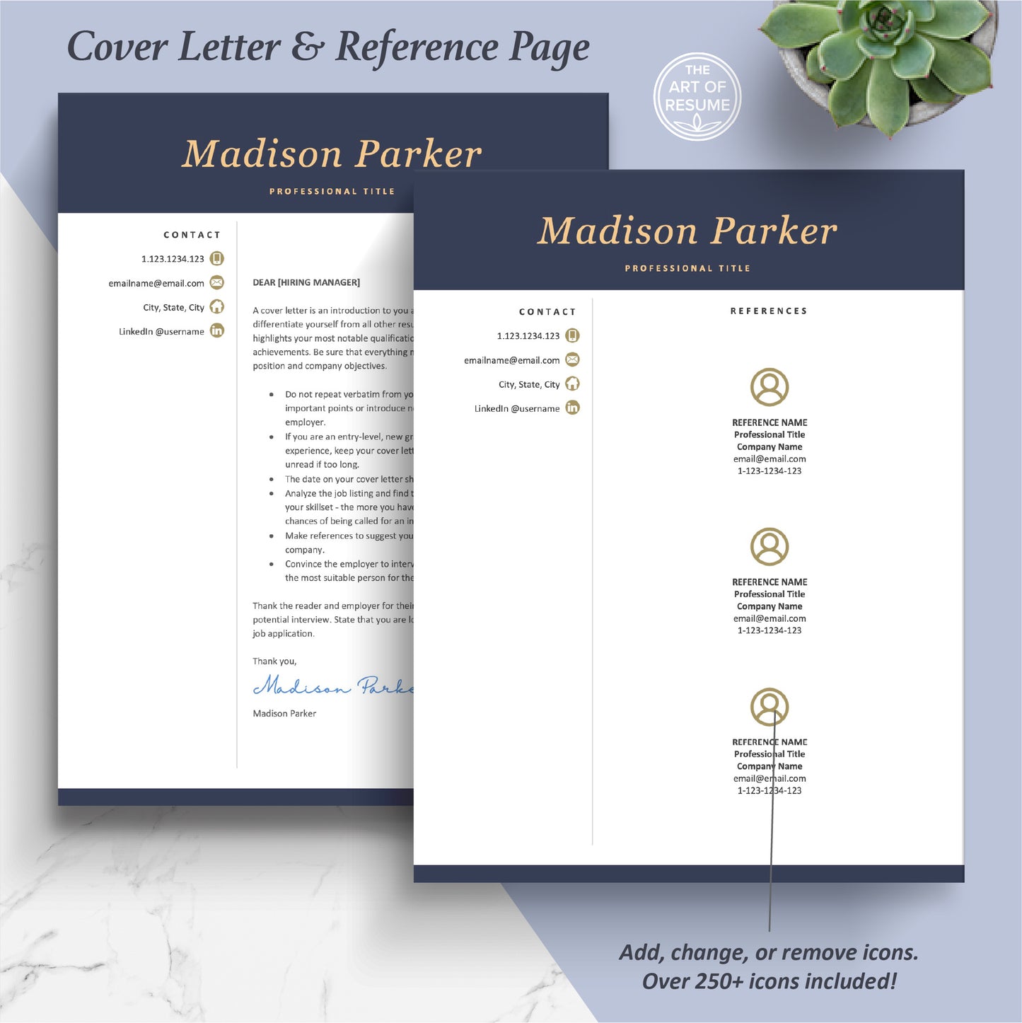 The Art of Resume Templates - Professional Dark Blue Cover Letter and Reference Page Templates Download