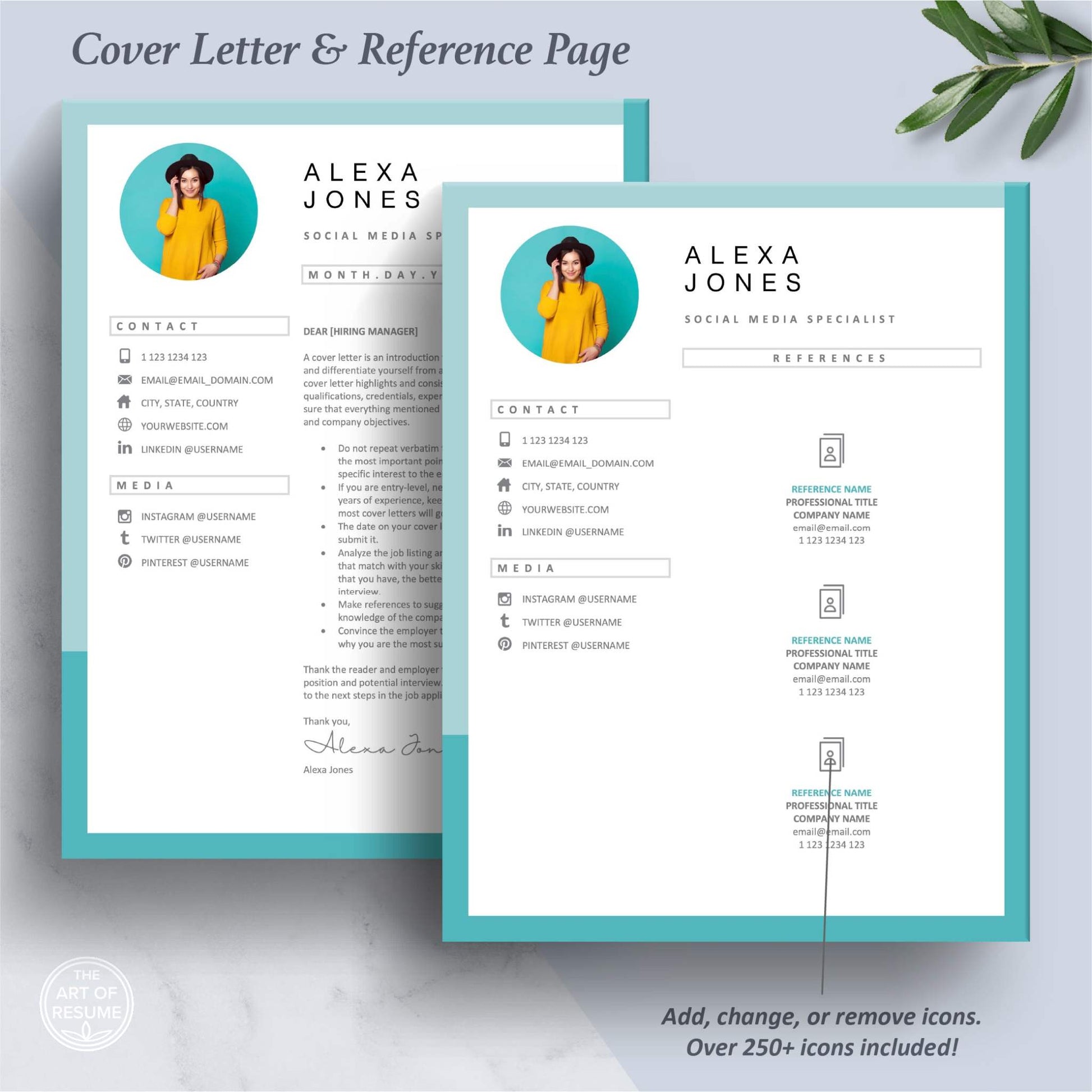 The Art of Resume Templates | Professional Professional Teal Blue Cover Letter and Reference Page Design Templates Instant Download