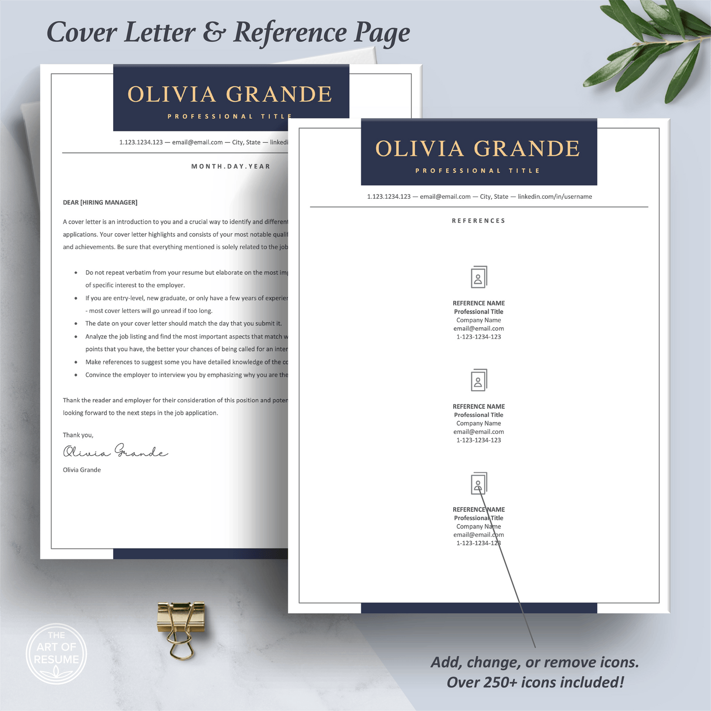 The Art of Resume Templates | Professional Navy Cover Letter and Reference Page Templates Download