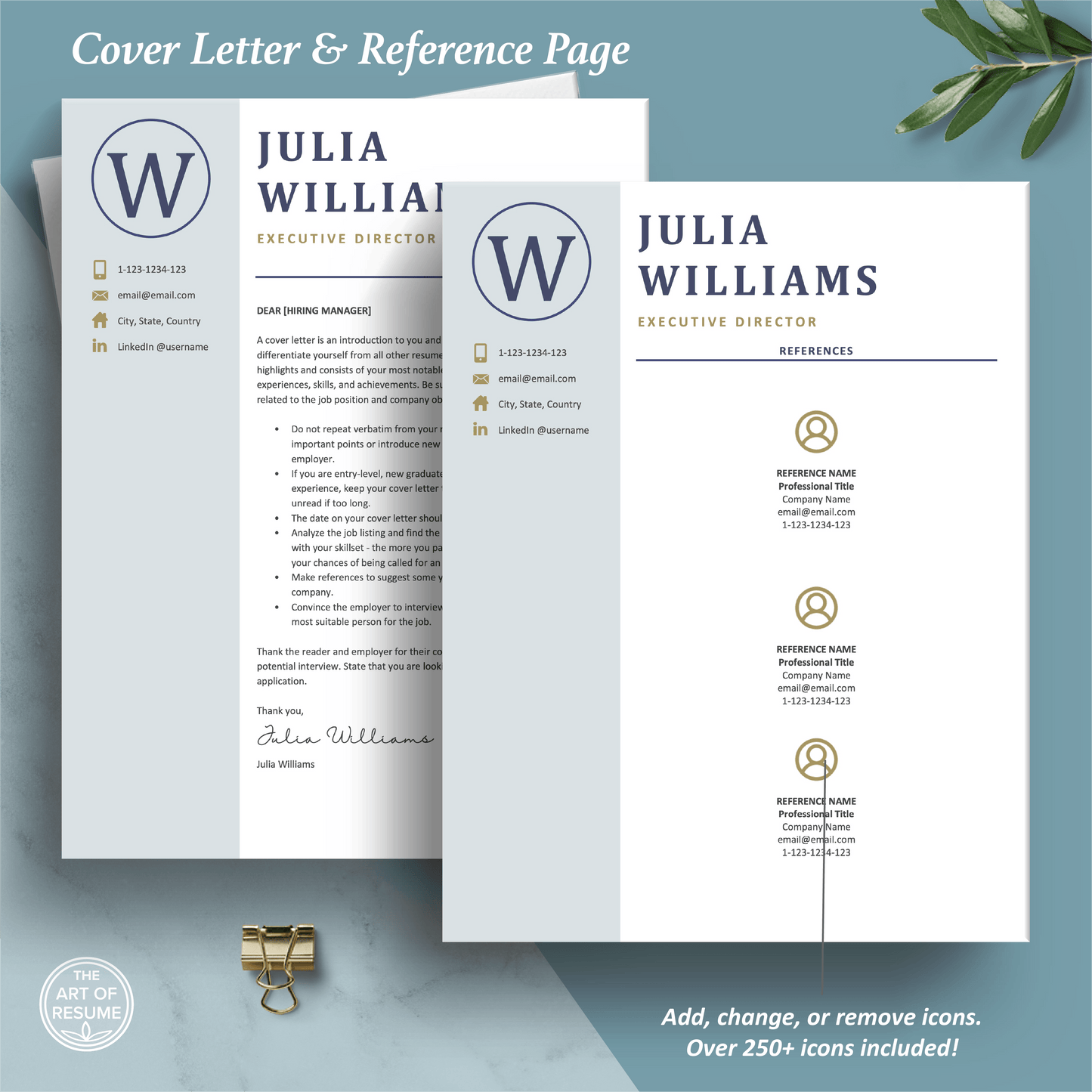 The Art of Resume Templates | Professional Blue Cover Letter and Reference Page Templates Download