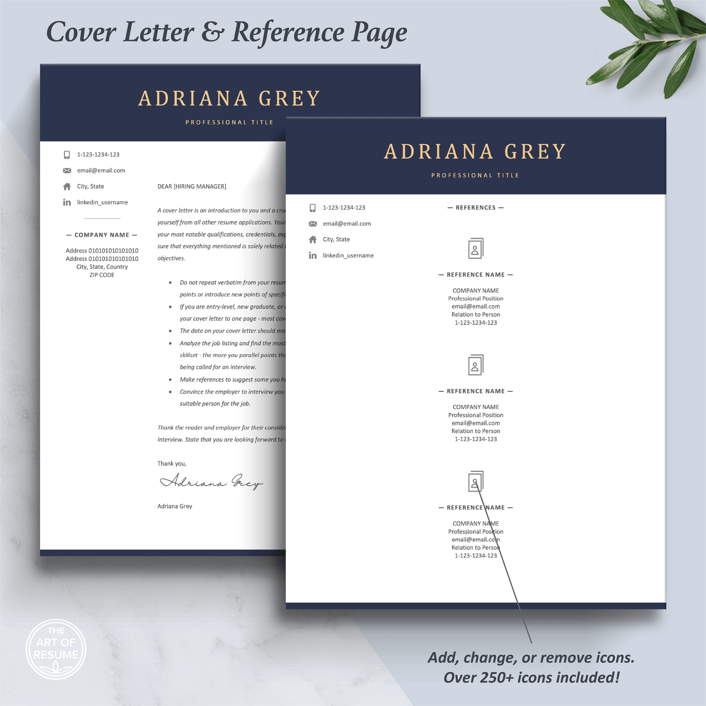 The Art of Resume Templates | Professional Executive CEO C-Suite Level Navy Blue Matching Cover Letter and Reference Page Design Templates Instant Download