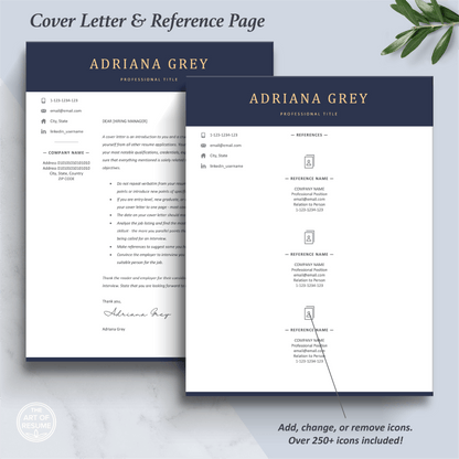 The Art of Resume Templates | Professional Executive CEO C-Suite Level Navy Blue Matching Cover Letter and Reference Page Design Templates Instant Download