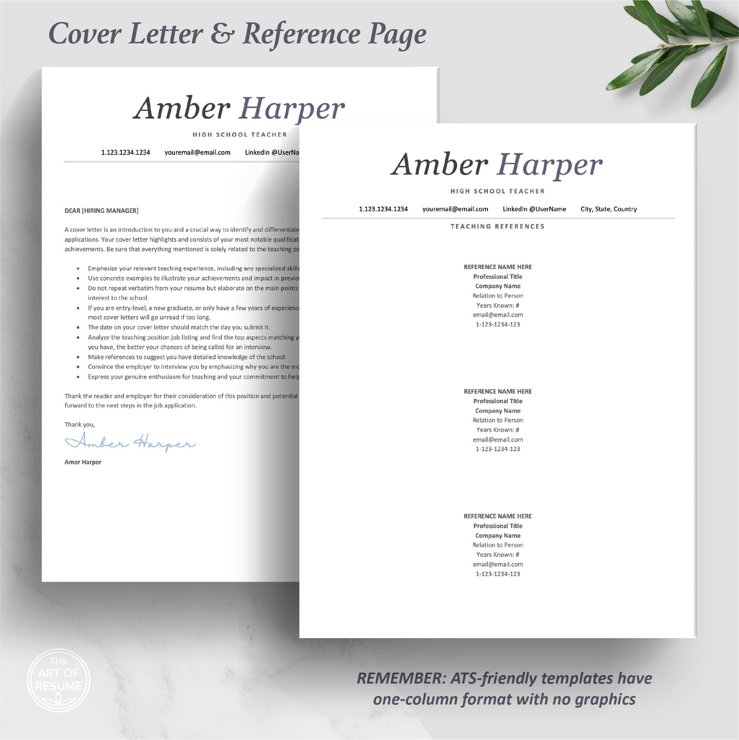 The Art of Resume Templates | ATS-Friendly Teacher Educator Cover Letter and Reference Page Templates Download
