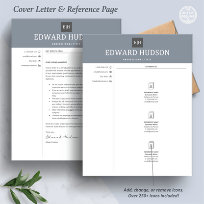 The Art of Resume Templates | Professional  Blue Grey Cover Letter and Reference Page Design Templates Instant Download